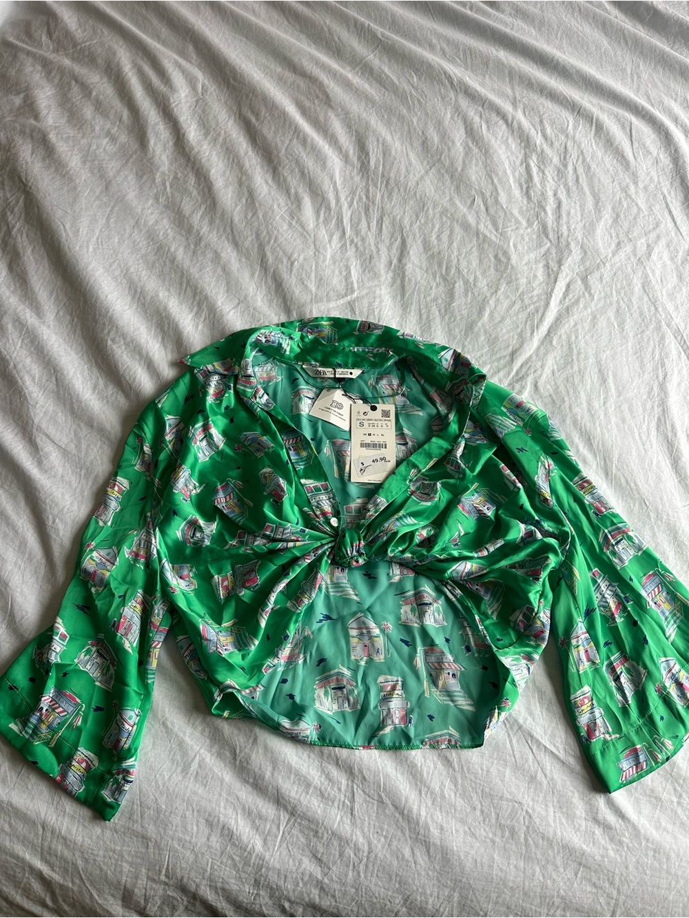 Zara Green Printed Tie-Front Crop Top
